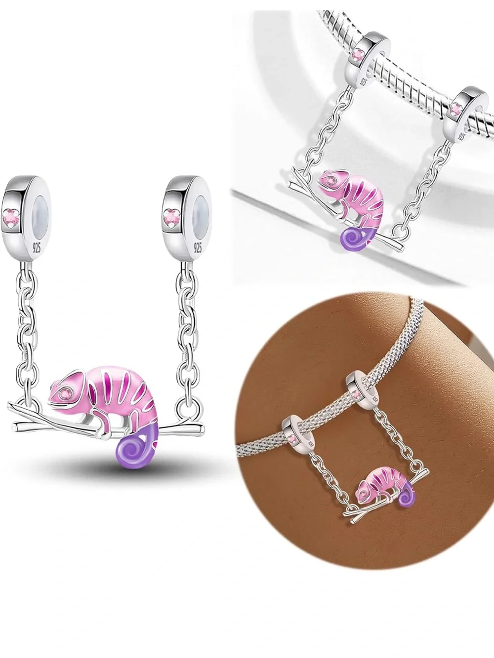 925 Pink Chameleon Dangle Charm Glow in the Dark Sterling Silver